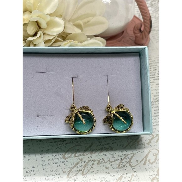 Gold plate Iridescent Dragonfly Wire Green Earrings Fall Gift Mom Birthday Wife - Picture 14 of 15